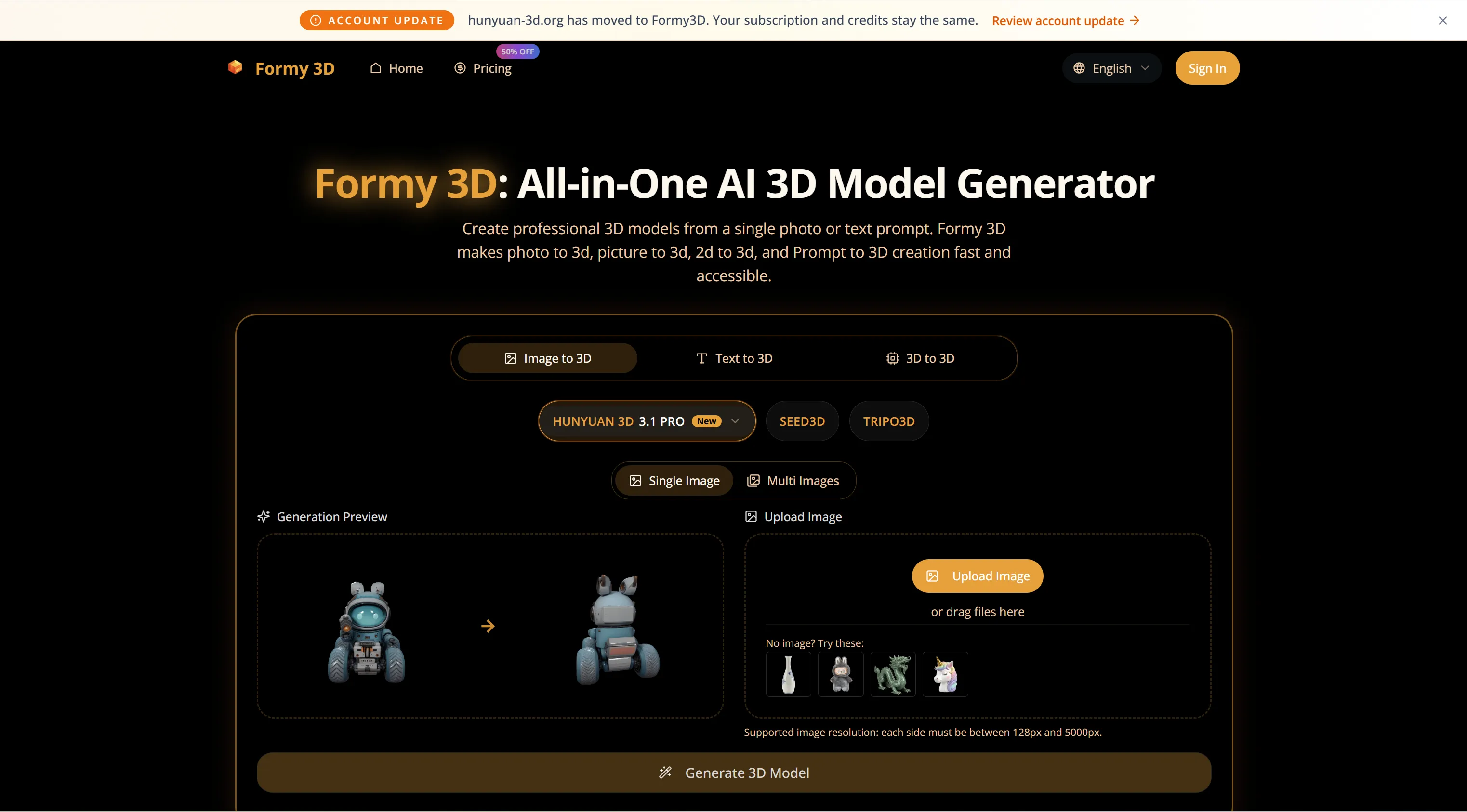Module Ia 3d Generador IA de 2D a 3D, Foto a 3D, Prompt a 3D | Formy 3D | Creati.ai