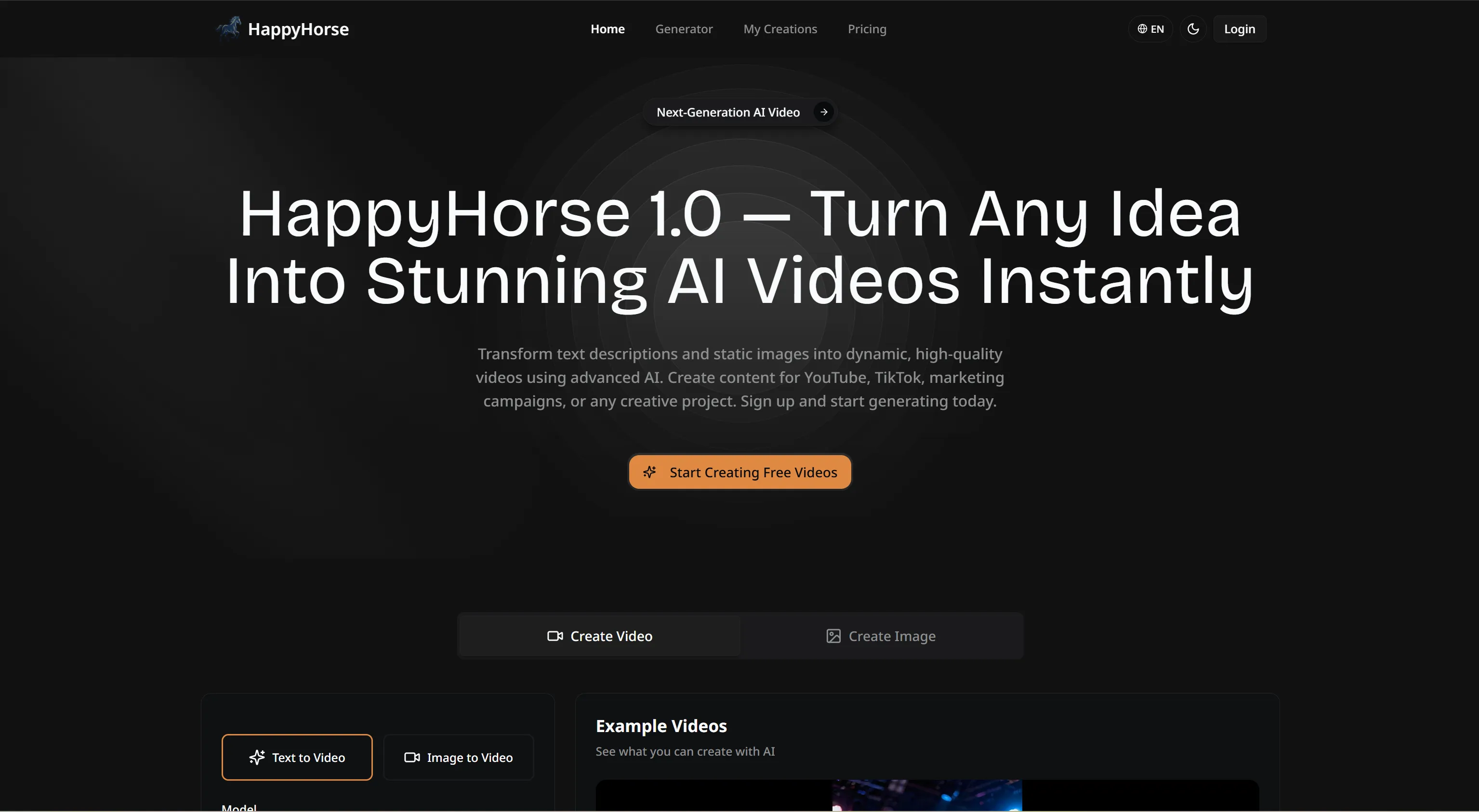 HappyHorse 1.0 AI 비디오 생성기 | 텍스트를 비디오로 | Creati.ai
