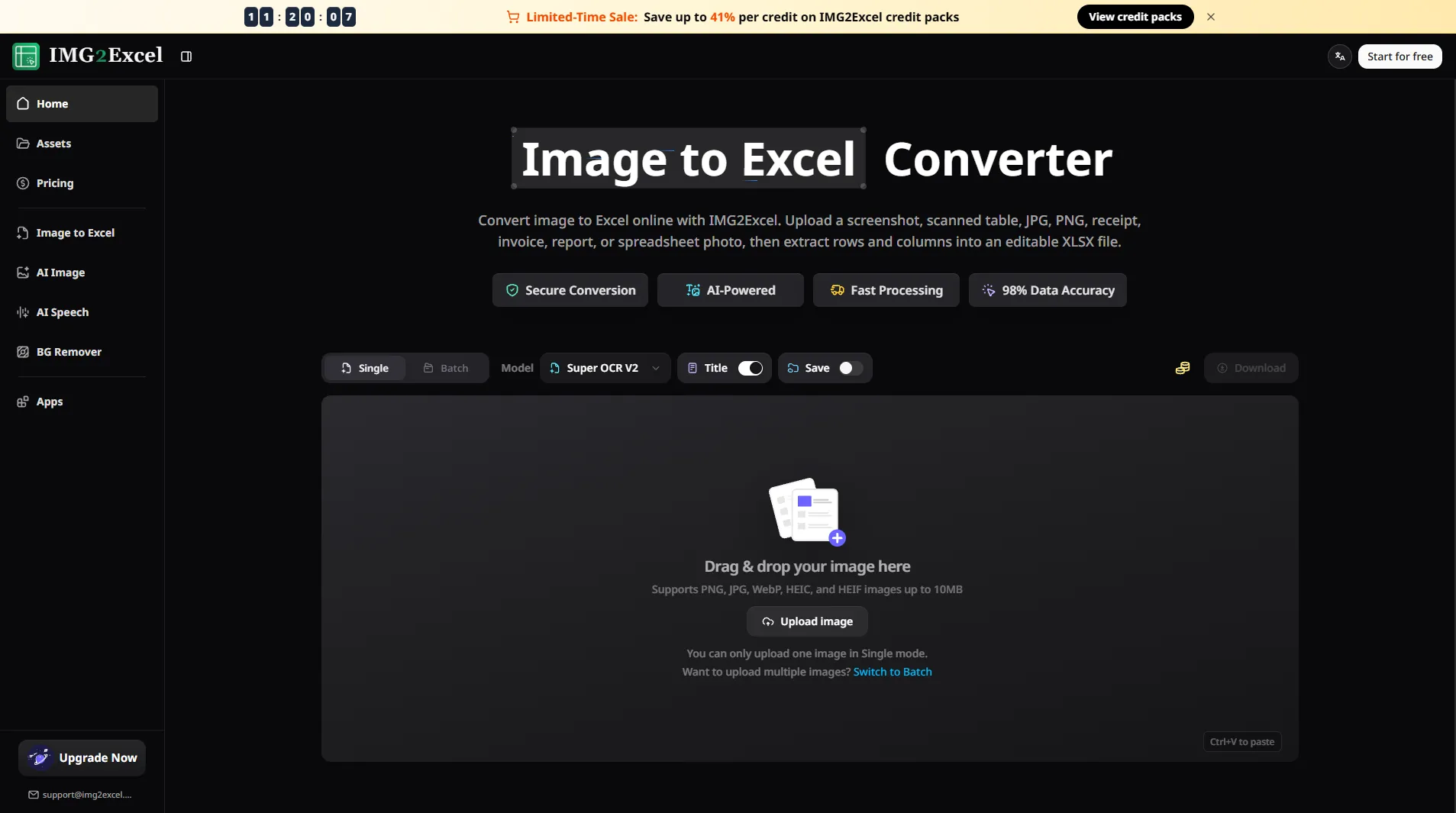 Convertidor de imagen a Excel IMG2Excel - Convertir a XLSX | Creati.ai