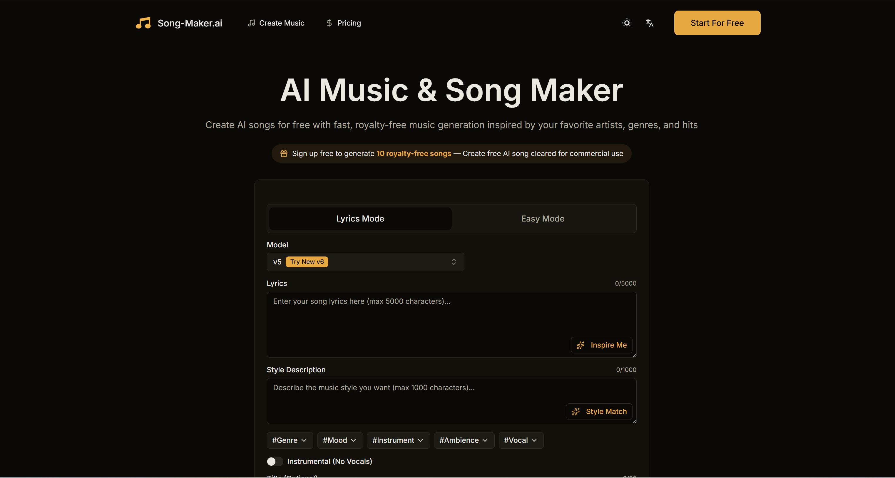 Song-Maker.ai — AI Text-to-Song Generator, Royalty-Free | Creati.ai